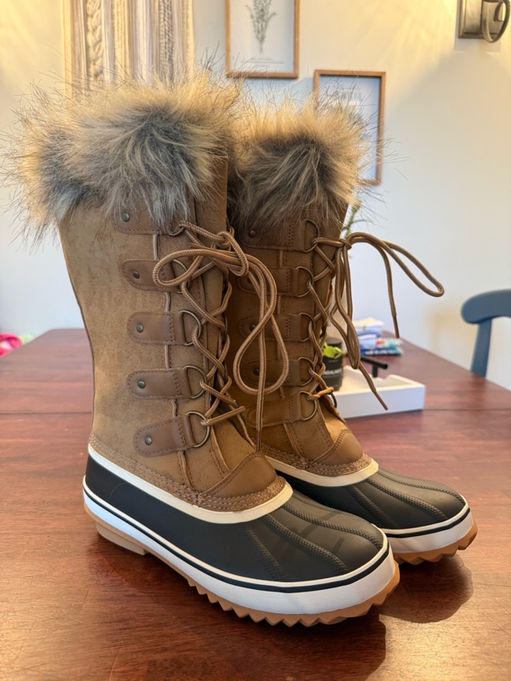 Ella Tan and Black Faux-Fur Trim Insulated Lace-Up Winter Boots